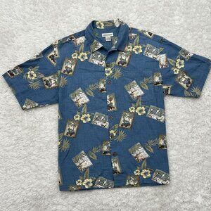 Portofino Mens Luau Hawaiian Shirt Linen Rayon Blend (Large) Blue Cars Palm Tree